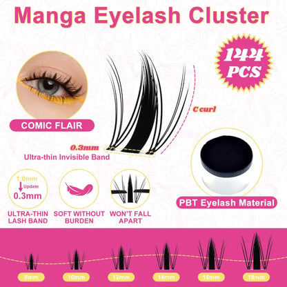 Furgenix™ California Sunset Wanna Be Freya Manga Lashes Cluster C D Curl DIY Lash Extension Kit and Lash Clusters 8-18mm with Bond Seal and Remover - Ultra-Thin Transparent Bands, Lash Magic Anime False Lash Extension Kit dealsforyoudays