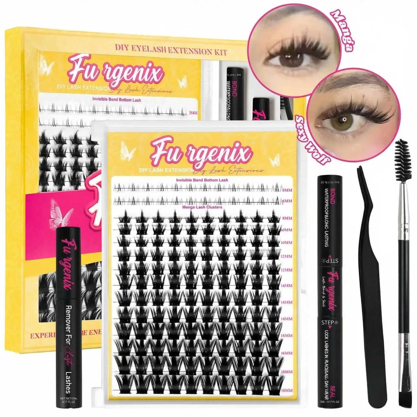 Furgenix™ California Sunset Wanna Be Freya Manga Lashes Cluster C D Curl DIY Lash Extension Kit and Lash Clusters 8-18mm with Bond Seal and Remover - Ultra-Thin Transparent Bands, Lash Magic Anime False Lash Extension Kit dealsforyoudays
