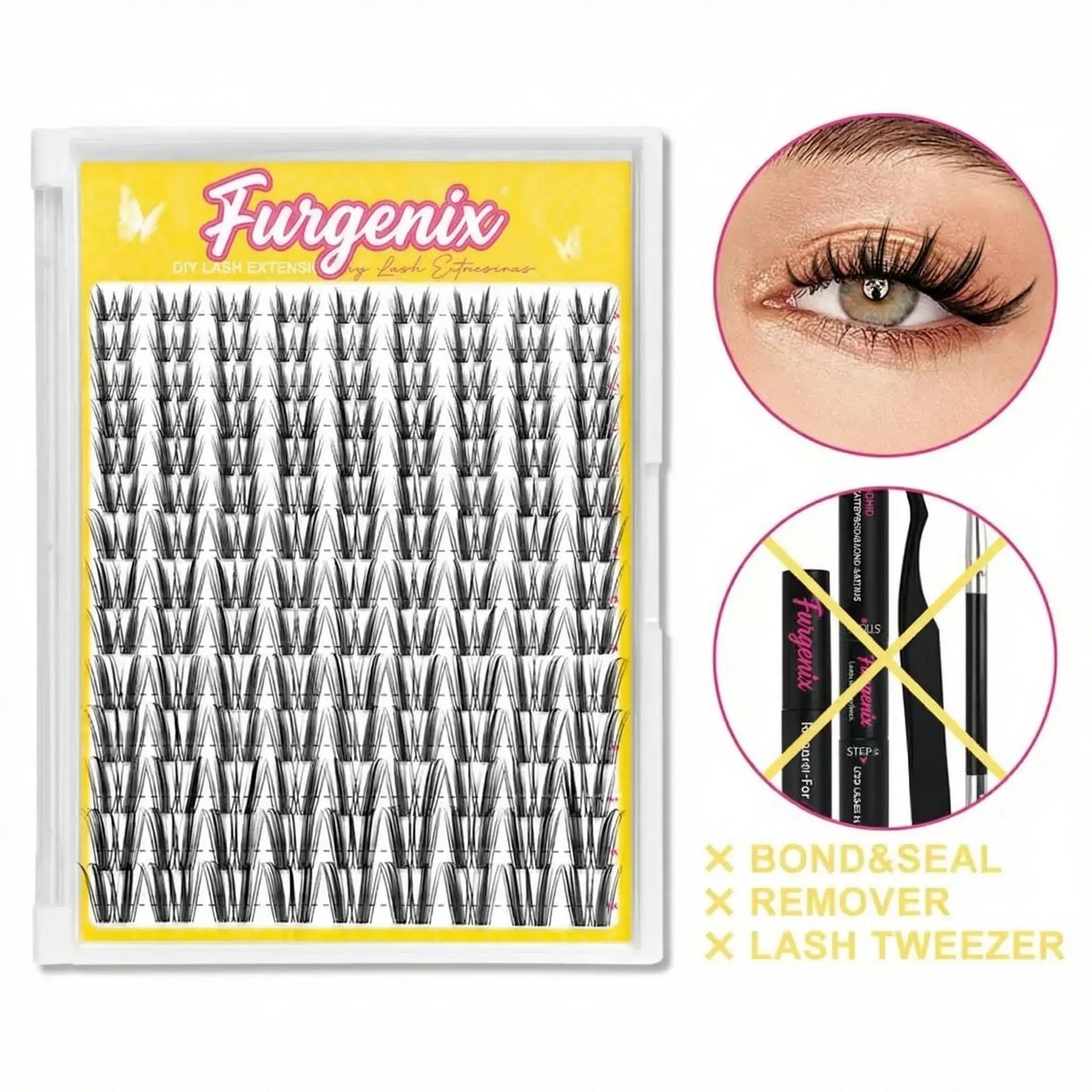Furgenix™ California Sunset Wanna Be Freya Manga Lashes Cluster C D Curl DIY Lash Extension Kit and Lash Clusters 8-18mm with Bond Seal and Remover - Ultra-Thin Transparent Bands, Lash Magic Anime False Lash Extension Kit dealsforyoudays