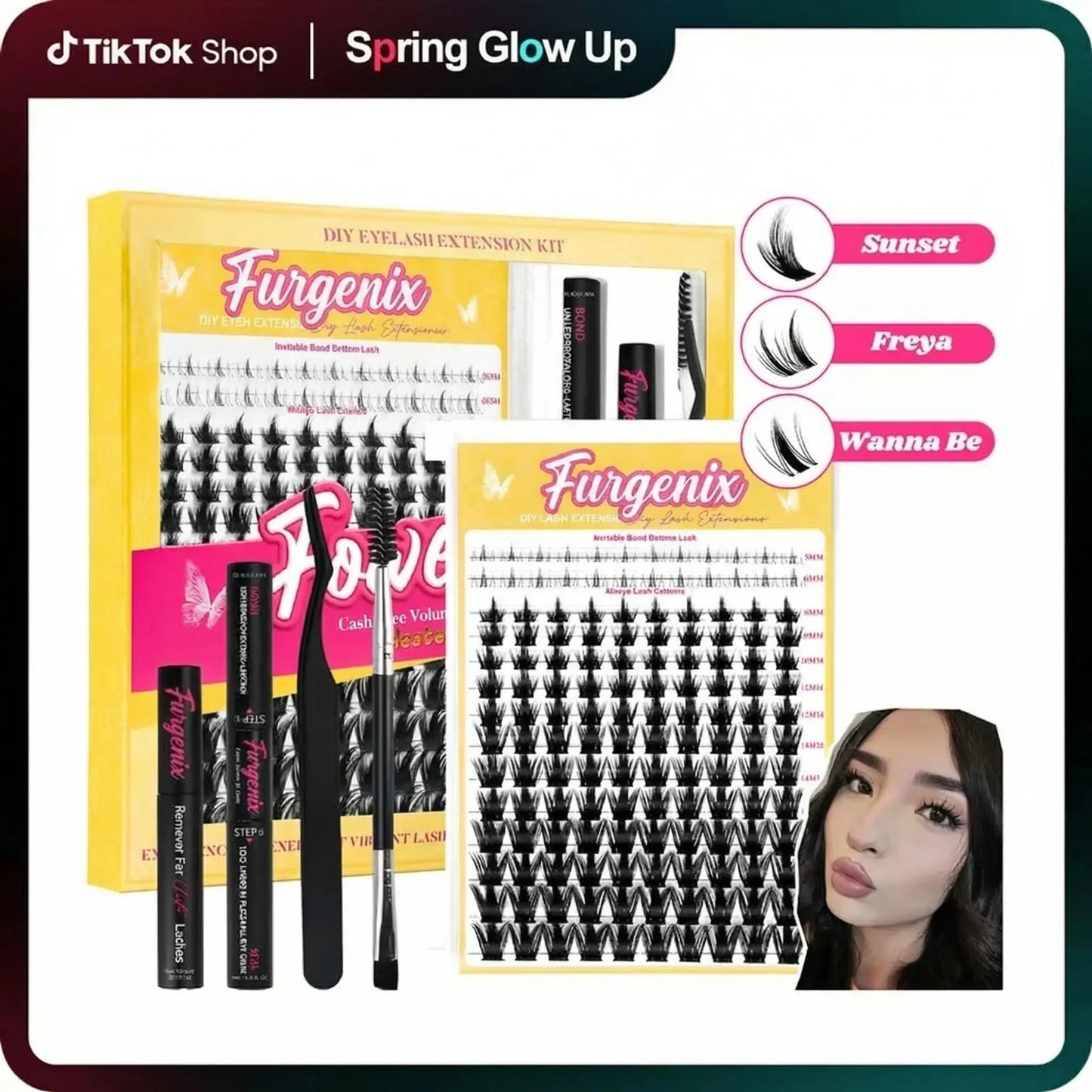 Furgenix™ California Sunset Wanna Be Freya Manga Lashes Cluster C D Curl DIY Lash Extension Kit and Lash Clusters 8-18mm with Bond Seal and Remover - Ultra-Thin Transparent Bands, Lash Magic Anime False Lash Extension Kit dealsforyoudays